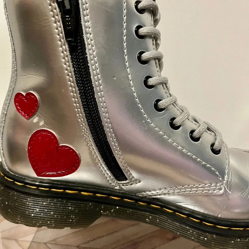 Dr Martens 1460 J Glitter Star Patent Lace Up Zip Boots Kids 3 Silver Red Hearts